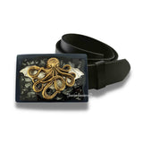 Cthulhu Belt Buckle Inlaid in Hand Painted Black Ink Swirl Enamel Gothic Victorian Motif with Color Options and Belt Straps Available