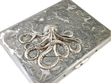 Octopus Cigarette Case Inlaid in Hand Painted Metallic Silver Swirl Enamel Nautical Design Kraken Personalized and Color Options