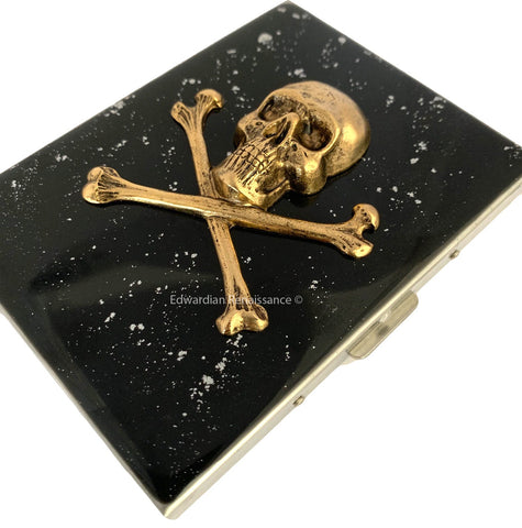 Skull and Crossbones Metal Cigarette Case in Hand Painted Black Enamel with Splash Gothic Punk Design with Personalized and Color Options