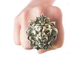Large Lions Head Ring plated in Antiqued Sterling Silver Gothic Victorian Gargoyle Leo Statement Ring with Adjustable Band