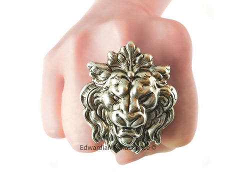Large Lions Head Ring plated in Antiqued Sterling Silver Gothic Victorian Gargoyle Leo Statement Ring with Adjustable Band