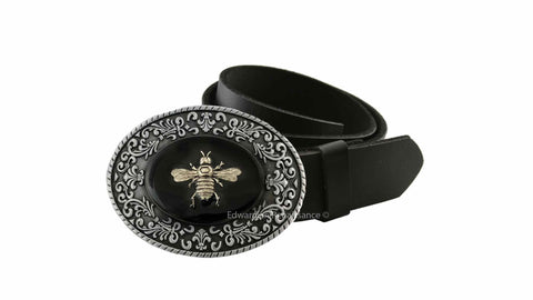 Bee Belt Buckle Inlaid in Hand Painted Black Enamel Art Deco Inspired Vintage Style Oval Buckle Custom Colors Available