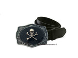 Antique Silver Skull and Crossbones Belt Buckle Inlaid in Hand Painted Glossy Black Onyx Enamel Neo Victorian Inspired with Color Options