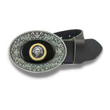 Medusa Medallion Belt Buckle Inlaid in Hand Painted Black Onyx Enamel Greek Key with Ancient Coin Inspired Color Assortment Options