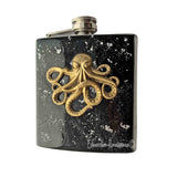 Octopus Flask Inlaid in Hand Painted Black Enamel with Silver Splash Oxidized Kraken Design with Personalized and Color Options