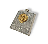 Majestic Lions Head Flask Inlaid in Hand Painted Silver Swirl Enamel Leo Zodiac Sign Vintage Inspired Custom Colors and Personalized Option