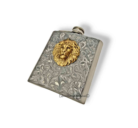 Majestic Lions Head Flask Inlaid in Hand Painted Silver Swirl Enamel Leo Zodiac Sign Vintage Inspired Custom Colors and Personalized Option