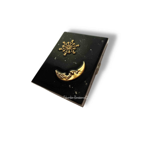 Moon and Star Cigarette Case Inlaid in Hand Painted Glossy Black with Silver Splash Enamel CelestialDesign Personalized and Color Options