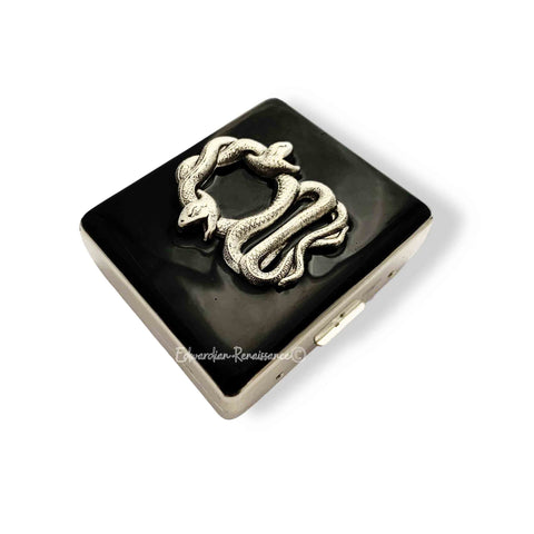 Antique Silver Serpent Pill Box with 8 Compartments Gothic Snake Motif Inlaid in Black Enamel with Personalized and Color Options