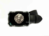 Leo Large Belt Buckle Antique Sterling Silver Lions Head Inlaid in Glossy Black Onyx Enamel Custom Color Options Available