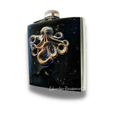 Octopus Flask Inlaid in Hand Painted Black Enamel with Silver Splash Oxidized Kraken Design with Personalized and Color Options