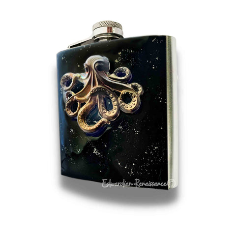 Octopus Flask Inlaid in Hand Painted Black Enamel with Silver Splash Oxidized Kraken Design with Personalized and Color Options