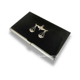 Libra Business Card Case Inlaid in Hand Painted Black Enamel Zodiac Scales Design with Personalized and Color Options