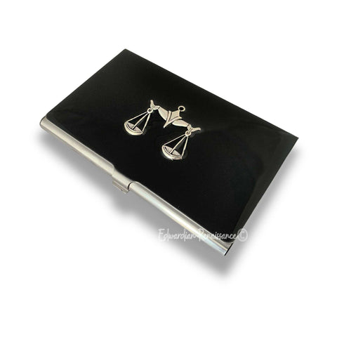 Libra Business Card Case Inlaid in Hand Painted Black Enamel Zodiac Scales Design with Personalized and Color Options