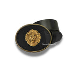 Antique Gold Lion Head Belt Buckle Inlaid in Hand Painted Glossy Black Enamel Neo Victorian Zodiac Leo Inspired with Color Options