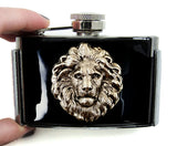 Antique Gold Lion Head Flask Belt Buckle Inlaid in Hand Painted Gold Swirl Enamel Safari Inspired with Personalized and Color Options