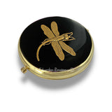 Antique Gold Dragonfly Compact Mirror in Hand Painted Glossy Black Enamel Art Nouveau Vintage Style with Color and Personalized Options