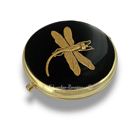 Antique Gold Dragonfly Compact Mirror in Hand Painted Glossy Black Enamel Art Nouveau Vintage Style with Color and Personalized Options