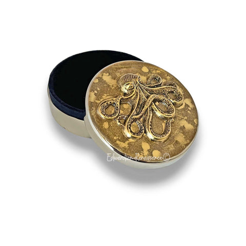 Antique Gold Octopus Jewelry Box Inlaid in Hand Painted Gold Enamel Neo Victorian Nautical Design with Personalized and Color Options