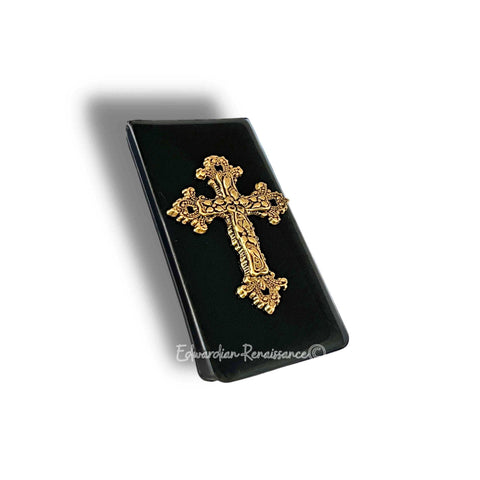 Antique Gold Cross Money Clip Inlaid in Hand Painted Glossy Black Enamel Gothic Inspired Crucifix with Personalized and Color Options
