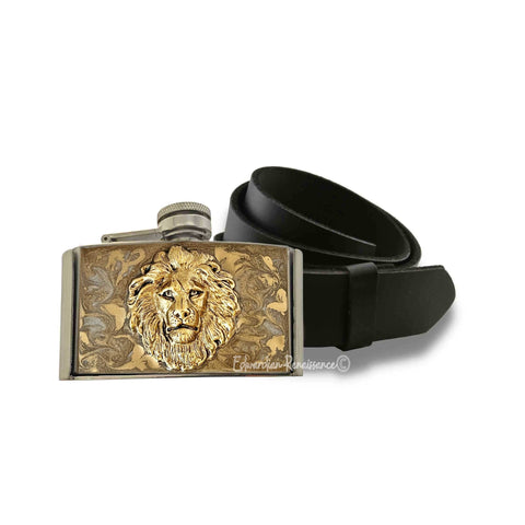Antique Gold Lion Head Flask Belt Buckle Inlaid in Hand Painted Gold Swirl Enamel Safari Inspired with Personalized and Color Options