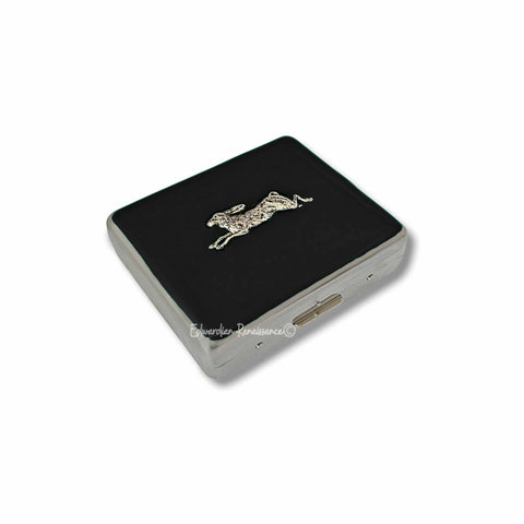 Antique Silver Rabbit Pill Box with 8 Compartments Inlaid in Hand Painted Black Enamel Woodland Hare Inspired Personalized and Color Options