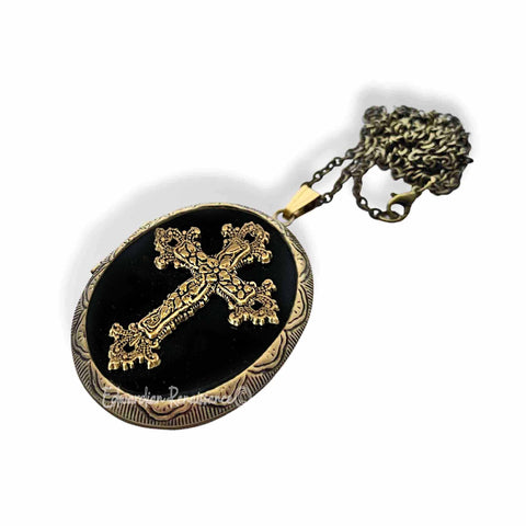 Antique Gold Cross Locket in Hand Painted Glossy Black Enamel Gothic Inspired Necklace with Color and Personalized Option