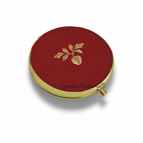 Antique Gold Strawberry Compact Mirror Inlaid in Ox Blood Enamel Vintage Style Fruit Design with Color and Personalized Options
