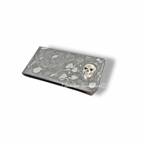 Skull Money Clip Inlaid in Hand Painted Metallic Silver Enamel Gothic Victorian Inspired with Personalized and Color Options