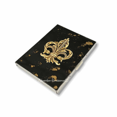 Fleur de Lis Cigarette Case in Hand Painted Black with Gold Splash Enamel Art Nouveau Inspired with Personalized and Color Options