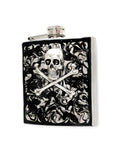 Skull and Crossbones Flask Inlaid in Hand Painted Black Ink Swirl Enamel Gothic Style with Personalized and Color Options