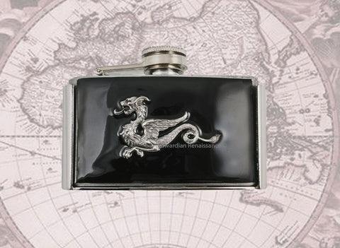 Dragon Flask Belt Buckle Inlaid in Hand Painted Black Glossy Enamel Game of Thrones Inspired 3 oz. Flask Personalized and Color Options
