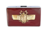 Antique Gold Egyptian Scarab Cigarette Case Inlaid in Hand Painted Glossy Ox Blood Enamel Metal Wallet with Personalized Option