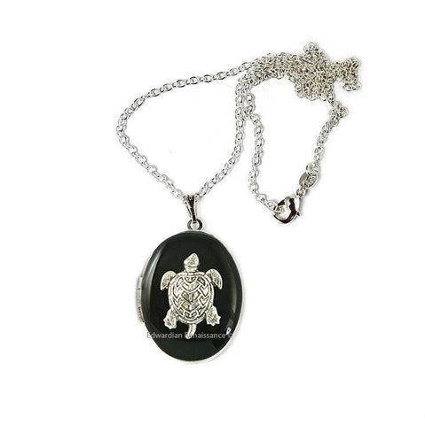 Sea Turtle Locket Inlaid in Hand Painted Black Onyx Enamel Nautical Inspired with Personalized and Color Options