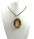 Scarab Beetle Pill Box Locket Inlaid in Hand Painted Glossy Black Enamel Burnished Gold Locket Egyptian Necklace w Personalized and Colors