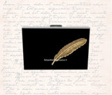 Ravens Feather Wallet Inlaid in Hand Painted Black Enamel Quill Design RFID Blocker Case with Personalized and Color Options