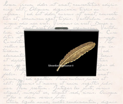 Ravens Feather Wallet Inlaid in Hand Painted Black Enamel Quill Design RFID Blocker Case with Personalized and Color Options