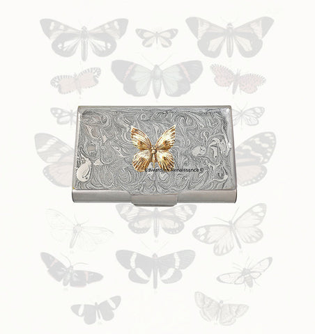 Butterfly Large Business Card Case Inlaid in Hand Painted Silver Swirl Enamel Art Nouveau with Color and Personalized Options Available
