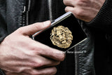 Prowling Lion Wallet In Hand Painted Glossy Black Enamel Neoclassic Leo Inspired RFID Blocker Case Personalized and Color Options