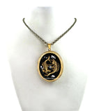 Pisces Locket Inlaid in Hand Painted Glossy Black Enamel Neo Victorian Zodiac Keepsake Pendant with Color and Personalized Option