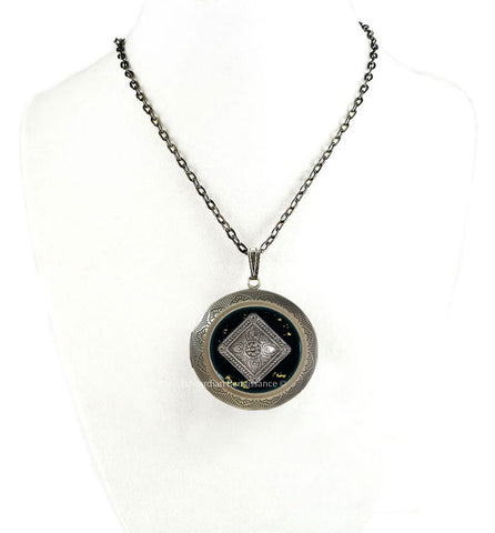 Art Deco Pill Box Locket Inlaid in Hand Painted Glossy Black Enamel Moorish Inspired Medallion Pendant with Color and Personalized Option