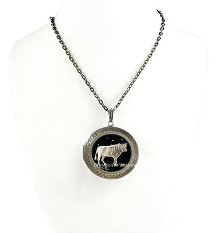 Taurus Pill Box Locket Inlaid in Hand Painted Glossy Black Enamel Bull Zodiac Design Pendant with Color and Personalized Option