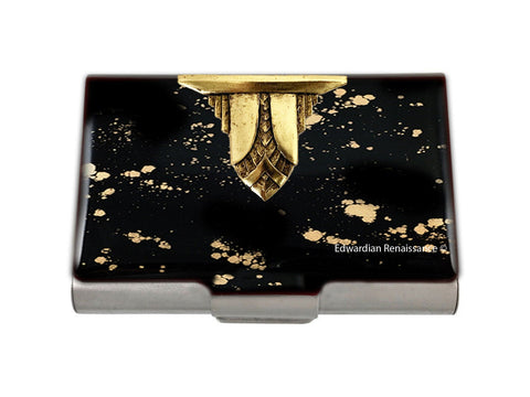 Aztec Design Large Business Card Case Embellished on Black with Gold Splash Enamel Art Deco Inspired with Personalized and Color Options