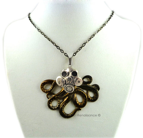 Oxidized Octopus with Gas Mask Gothic Victorian Inspired  Kraken with Mask Mixed Metals Necklace