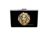 Antique Silver Lions Head Credit Card Wallet with RFID Blocker Hand Painted Black Enamel Neoclassic Leo with Personalized and Color Option