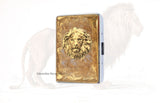 Lion Head Cigarette Case in Hand Painted Gold Enamel Swirl Design Art Deco Leo Inspired with Personalized and Color Options