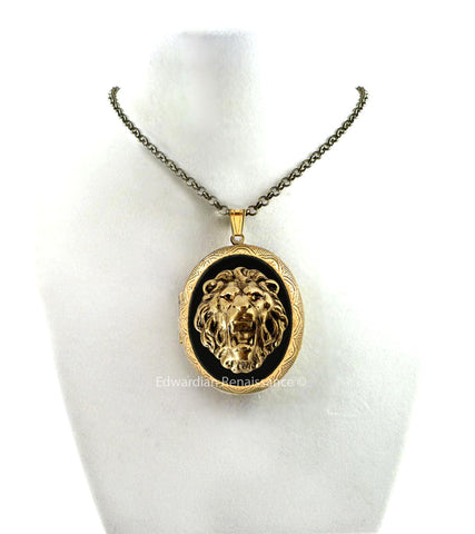 Lion Head Locket in Hand Painted Glossy Black Enamel 3D Ornate Leo Zodiac Inspired Necklace with Color and Personalized Option