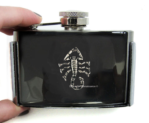 Scorpio Flask Belt Buckle Inlaid in Hand Painted Black Enamel Neo Victorian Zodiac Inspired 3 oz. Flask Personalized and Color Options