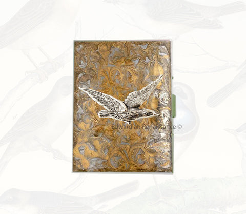 Flying Raven Cigarette Case Inlaid in Hand Painted Glossy Gold Swirl Enamel Neo Victorian Bird Inspired with Personalized and Color Options