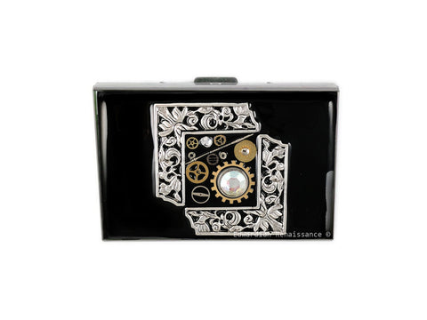 Gears Cogs and Sprockets Credit Card Wallet Inlaid in Hand Painted Enamel RFID Blocker Card Case with Personalized and Color Options